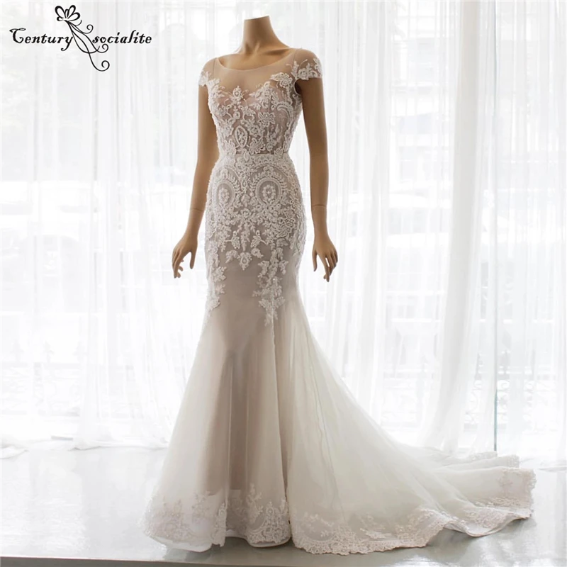 

Vintage Mermaid Wedding Dresses Lace Appliques Corset Back Sheer O-Neck Cap Sleeve Plus Size Bridal Gowns Vestido De Novia