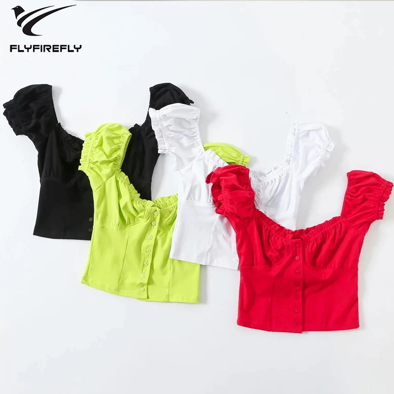 

summer sexy crop top vintage kawaii ruffle green white blouse women casual puff sleeve shirts streetwear korean female tops 2019