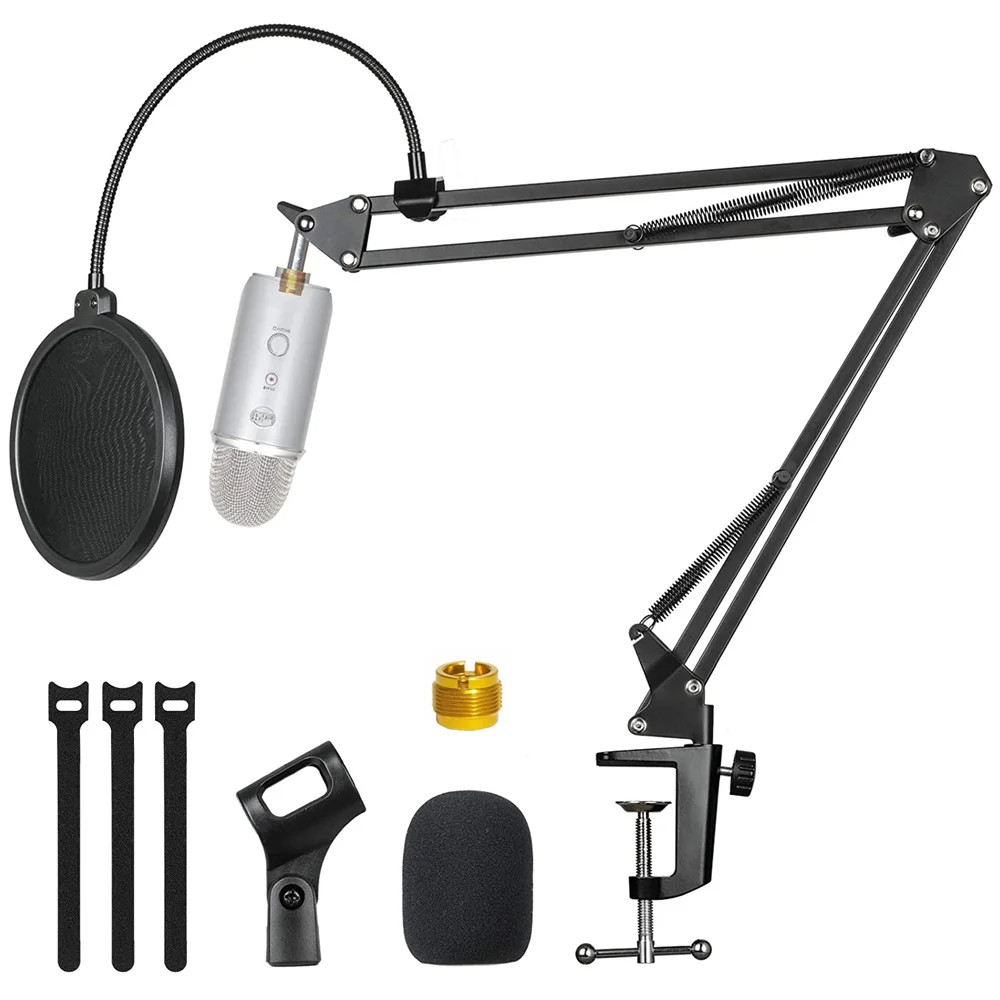 GEVO Microphone Stand With Microphone Windscreen and Dual Layered Pop Filter Suspension Boom Scissor Arm For Blue Yeti Snowball