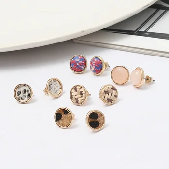 

Mini Round Leopard Print Resin Shell Pink Stone Stud Earrings Cute Straw Weave Stud Gold Brincos Pendientes Jewelry for Women