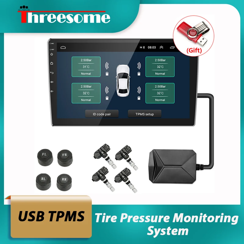 

USB TPMS Android Tire Pressure Monitoring System 4 Tire external / Inner Sensors Temperature Alarm for Car Radio DVD Car Player