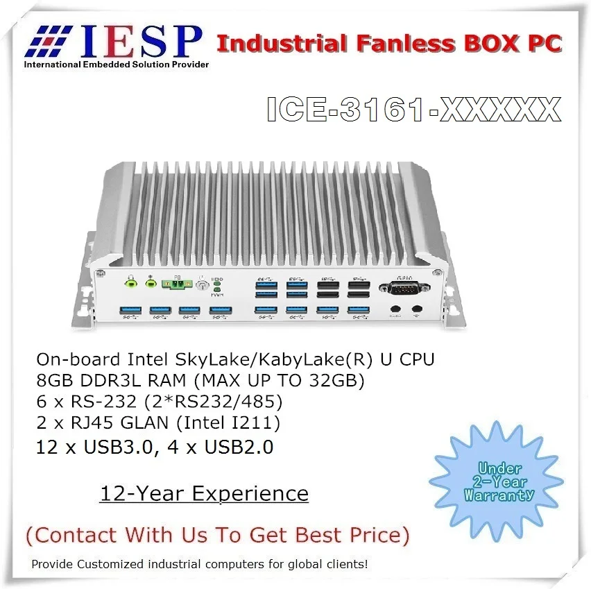 Fanless Box PC, 6 * COM, 12 * USB3.0, 4*USB2.0, 2 * I211 GLAN, SkyLake/KabyLake(R) U CPU, Rugged Industrial Computer