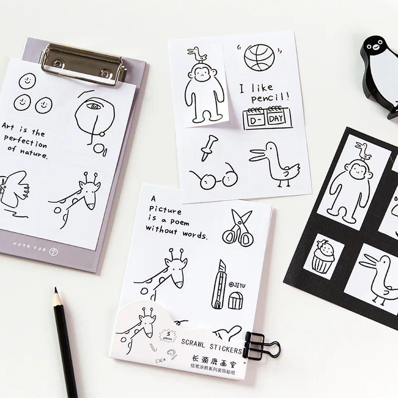 SIXONE 5 листов мультфильм Простые короткие штрихи животных декоративные наклейки