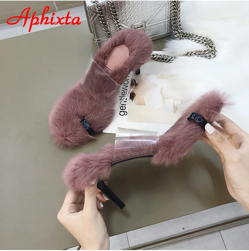 Aphixta/женские вьетнамки на каблуке 8 см с настоящим животным; женские шлепанцы; женская обувь на тонком каблуке; Прозрачные Пляжные наружные горки с открытым носком; Mujer