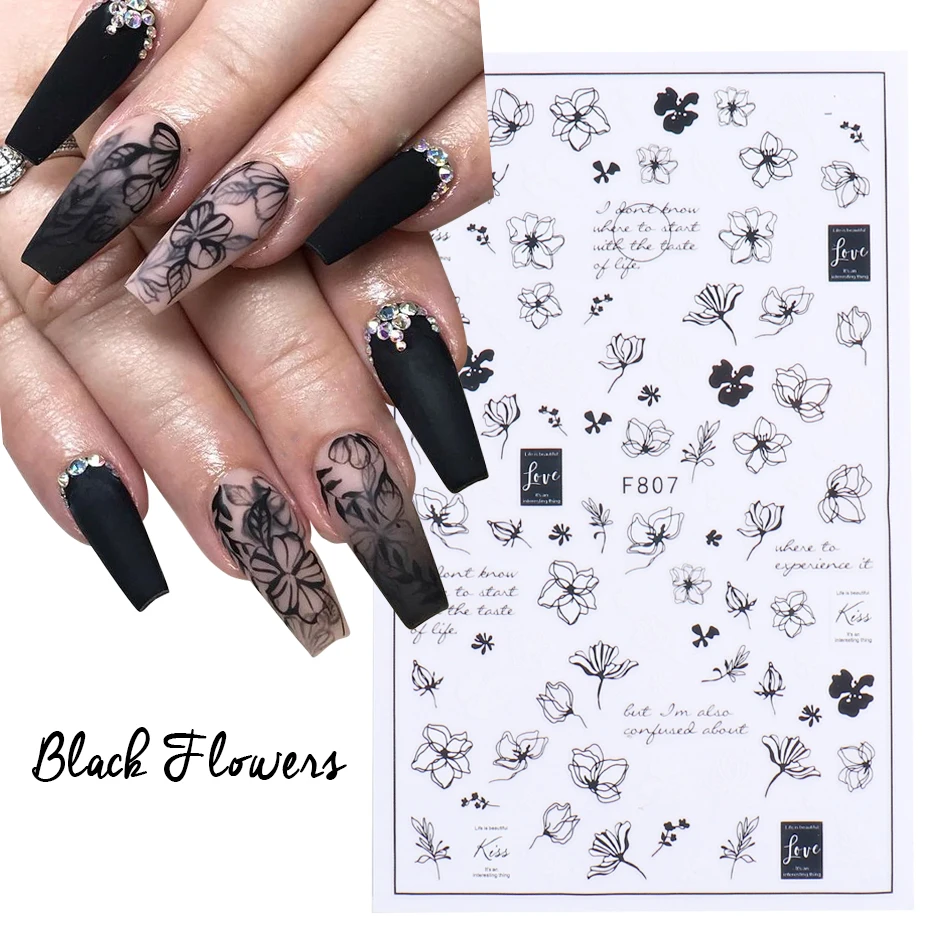 3d realistische dünne schwarze rote reine weiße Blumenmuster Spitze  Streifen Kleber Nail Art Aufkleber Aufkleber Maniküre Prägung Ornamente