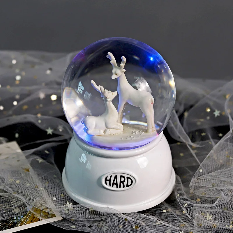 

Creative Crystal Ball Music Box Decoration pretty rhythm Colorful lights Automatic Snow Unicorn and Elk Crystal Ball Music Box