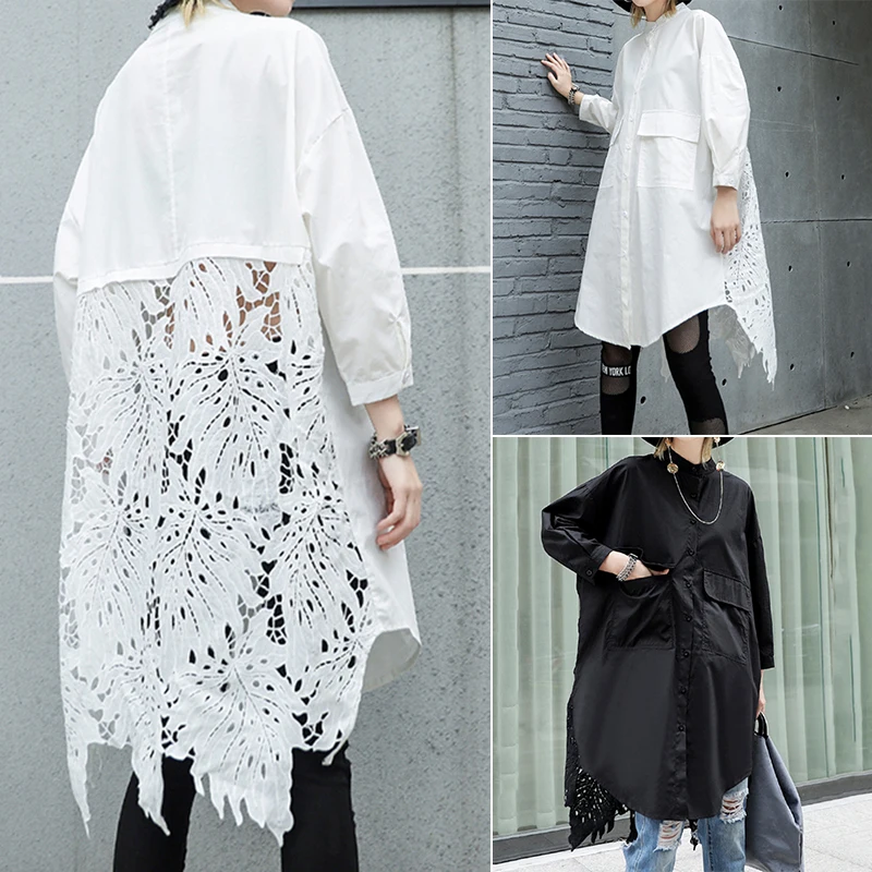 Crochet Shirt Chemise Long-Tops Lace Patchwork Blusas Loose ZANZEA Femme Women Casual