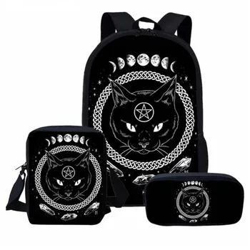

3Pcs/Set School Rucksack Children Backpack Gothic Moon Phase Black Cat Print Large Capacity Schoolbag for Teenager Girls