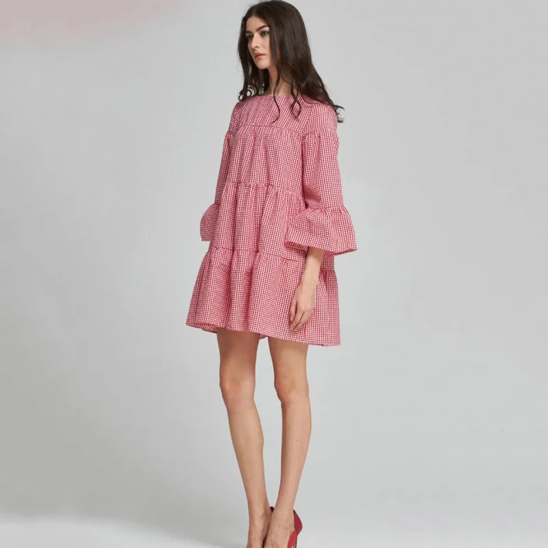 2020 Popular Summer autumn red plaid flared sleeve Crew Neck Dress
