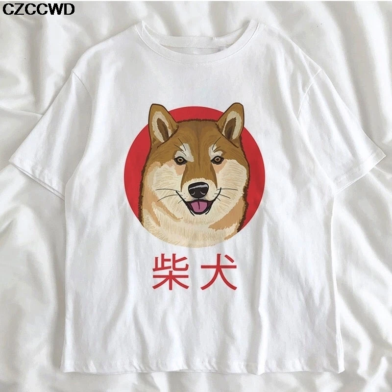 Funny Kawaii Cute Shiba Inu Dog T-shirt Women Gift Print Pink T-shirt Summer Loose Harajuku T Shirt Streetwear Clothes Tops Tees