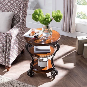 preço SYX-03469 Retro Estilo Americano Ferro Mesa De Chá Sala Estar Dupla Camada Sofá Mesa Lateral Simples Pequena Redonda Café Mesa Armazenamento