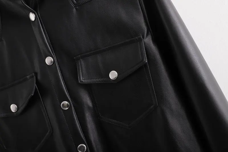 Зимняя черная кожаная рубашка High Street женские топы блузки с длинным рукавом рубашки на пуговицах одежда высокого качества