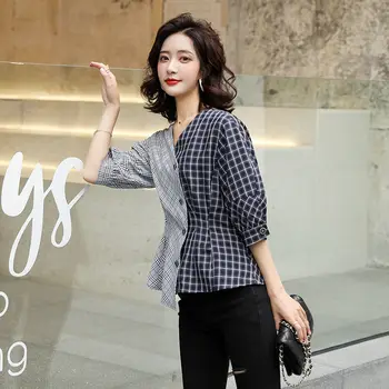 

WOMENGAGA 2020 Spring Autumn New Shirt Patchwork Plaid Casual Single-breasted V-neck Girl Female Irregular Fashion Korean A323