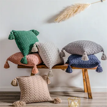 

45x45cm Knit Cushion Cover Soft Square Pillow Case with Tassels Multi-color Zipper Cushion Sleeve for Sofa Bed Chair Home Decor