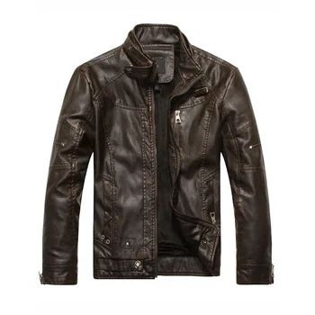 

Men's Locomotive Leather Jacket European Style Old Washed PU Leather Jacket Stand Collar Plus Velvet Men's Leather Jacket Coat