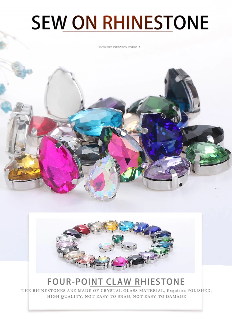 Drop Shape Glass Rhinestones With Claw White K Metal Base Buckle Sew On Crystal Stone Strass Diamond Rhinestones For Needlework