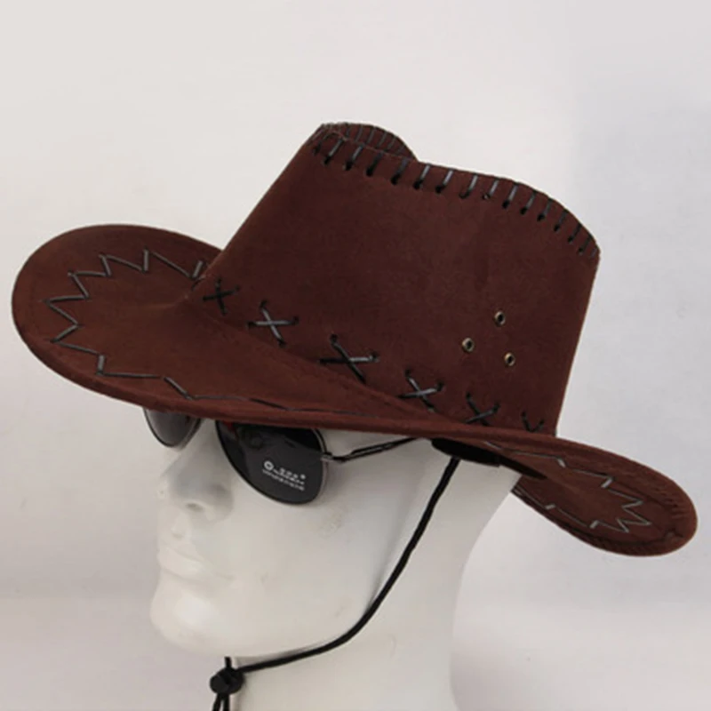 Leather Men Western Cowboy Hat For Gentleman Dad Cowgirl Sombrero Caps Big Brim Outdoor Hat Knight