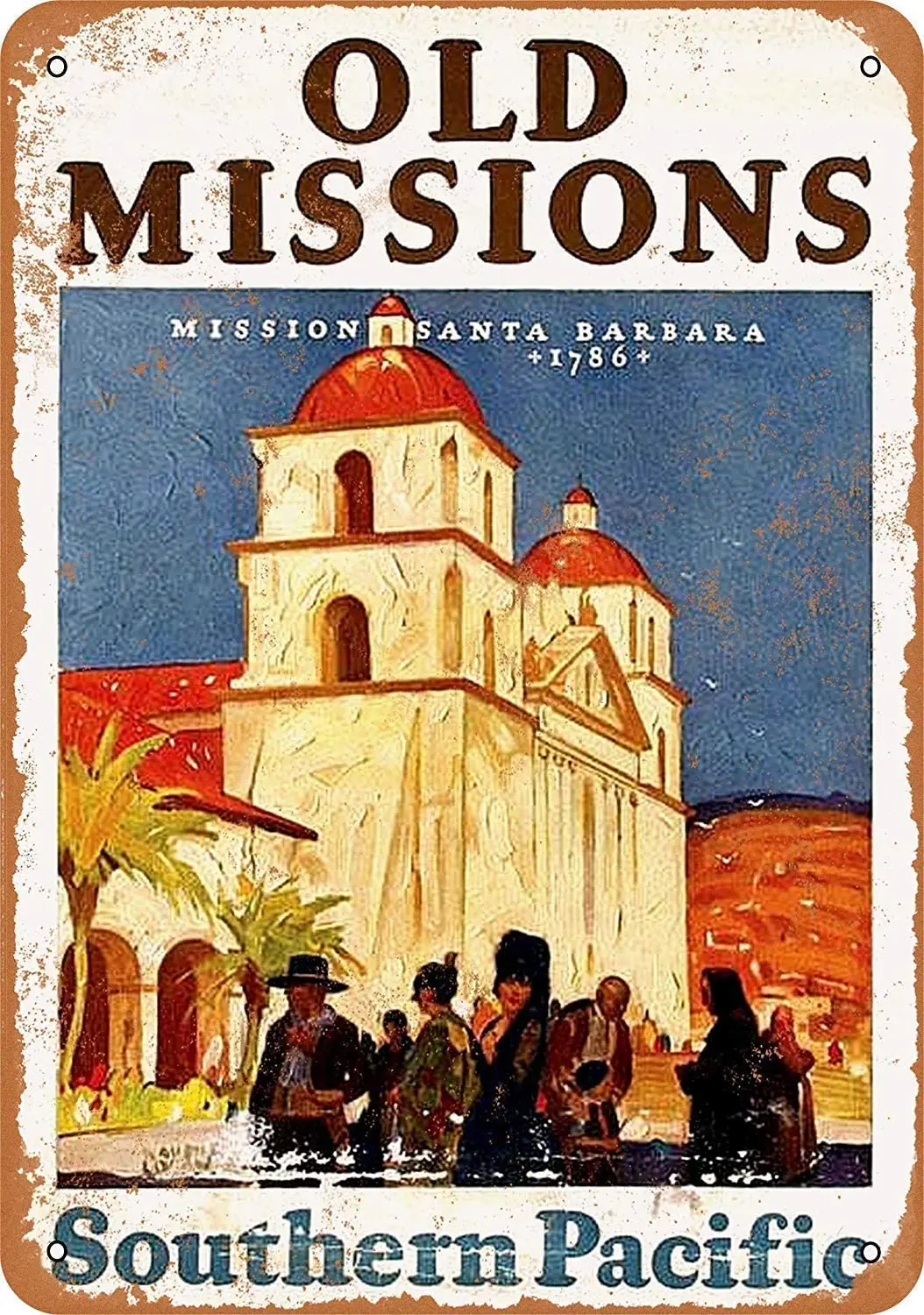 Жестяной знак 1932 Южная Тихоокеанская железная дорога в Санта-Барбару-винтажный