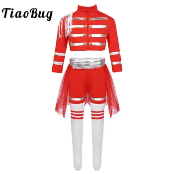 

Kids Girls Stage Performance Modern Jazz Dance Costume Crop Tops with Shorts Mesh Skirt Socks Set Outfit Cheerleading Uniform
