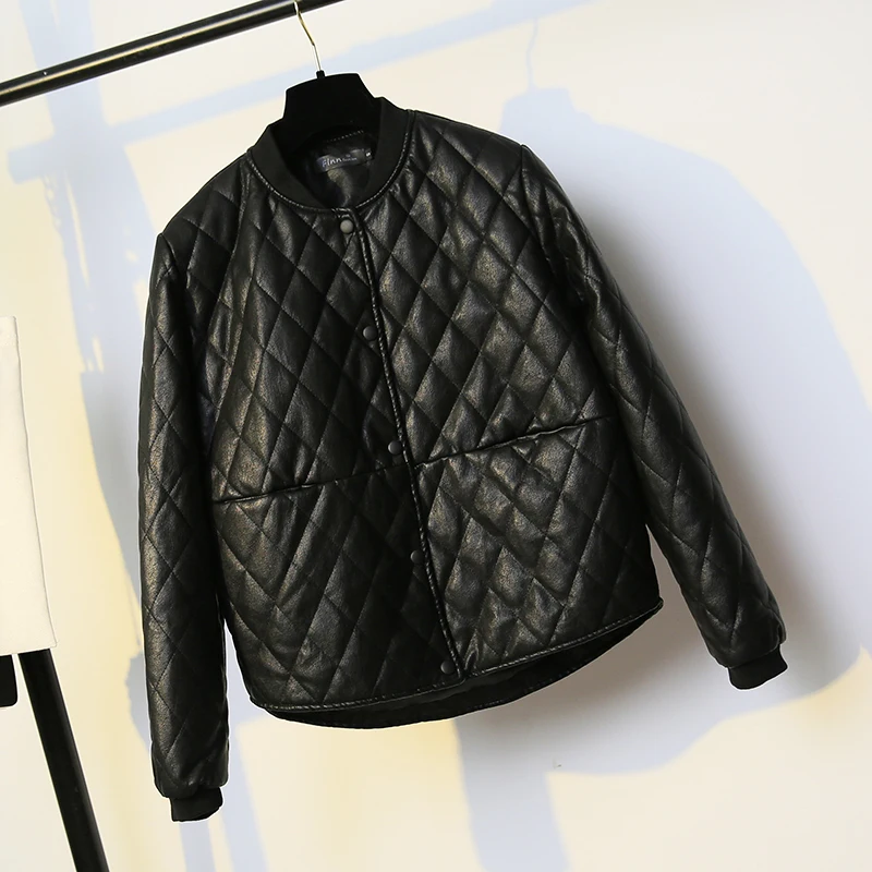 New Spring autumn Women Leather Jacket Women Black Color PU Leather Short Jacket Single-breasted Warm thick coat cc847