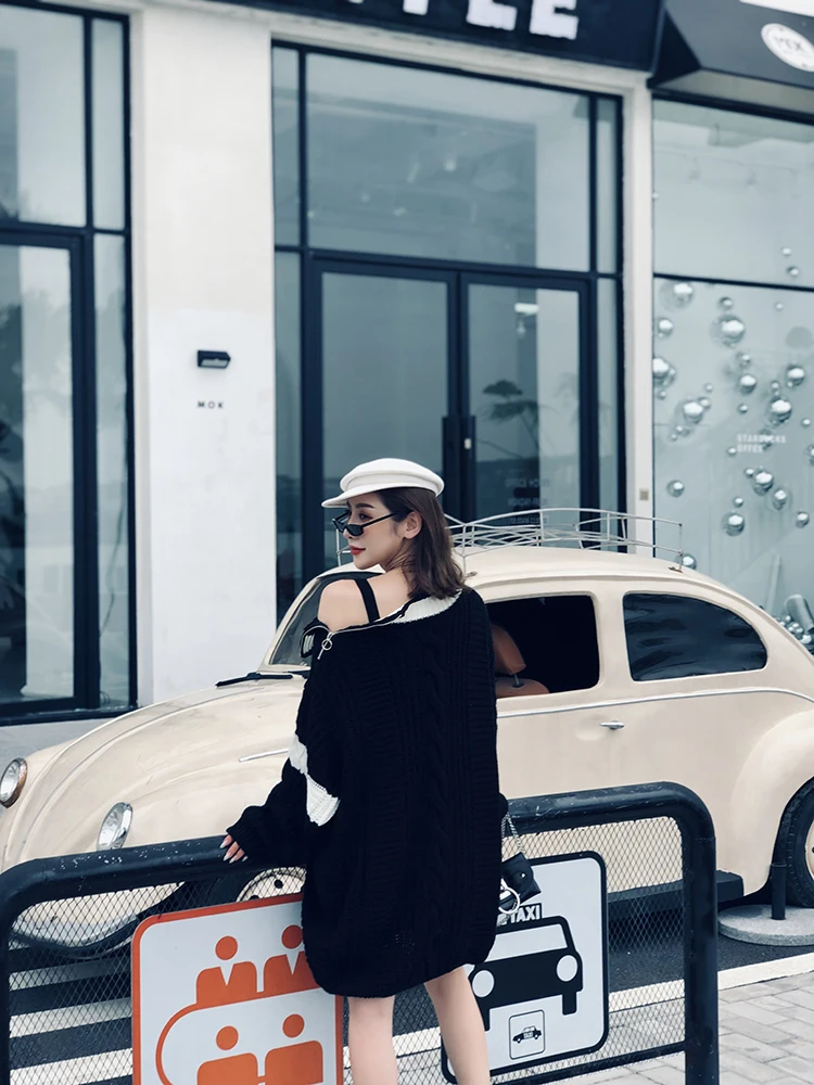 Ленивый ветер утолщенный свитер Женская мода осень зима Волчья Голова карта молния v-образный вырез цвет сочетающийся вязаный пуловер пальто