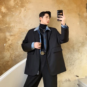 

Male Vintage Streetwear Hip Hop Fashion Suit Coat Outerwear Autumn Winter Clothes Men Denim Splice Loose Casual Blazer Jacket