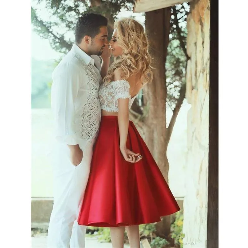 Two Pieces Homecoming Dresses Ball Gown Off The Shoulder Tea Length Lace Elegant Cocktail Dresses