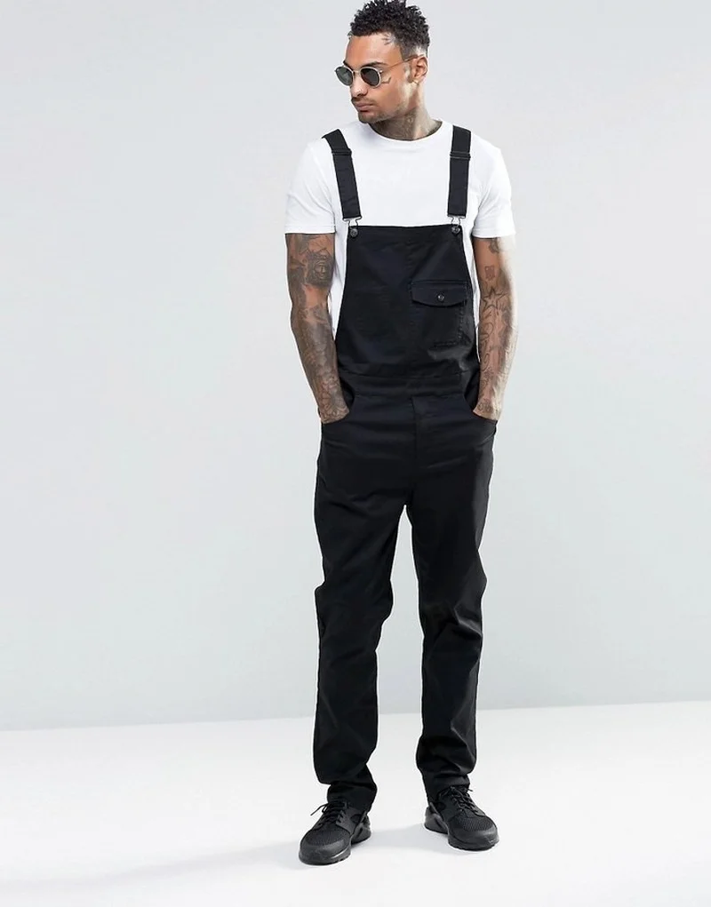 Men's Denim Overalls Slim White Europe and America Bib Spring and Autumn Solid Color