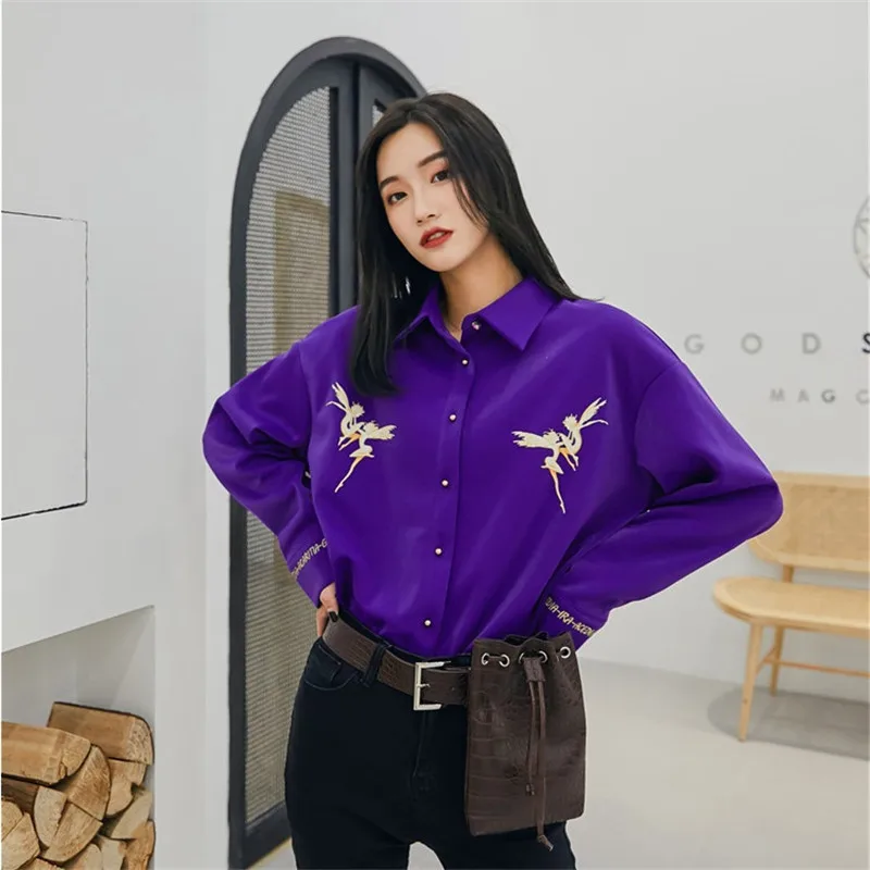

CBAFU new fashion velour purple embroidery crane blouse women shirts long sleeve turn down collar top autumn high quality P406