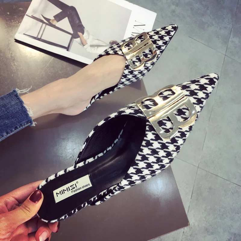 

Mules Shoes Women's Summer Low Heel Pointed 18 New Style Versatile Metal Double B Workplace Cat with Small Thin Heeled Closed-to