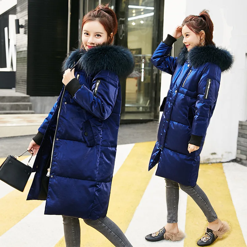 Mid-length down Jacket Women's Gold Velvet Large Fur Collar Cotton-padded Clothes Padded Cotton Coat