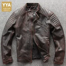 Осенне-зимняя мужская приталенная куртка из натуральной кожи с коротким стоячим воротником, винтажное пальто из воловьей кожи, мотоциклетная кожаная куртка 4XL