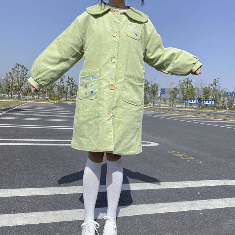 Harajuku женские консервативный стиль Сладкая Радуга и цветными звездочками вышивка парки пальто средней длины Вельветовая верхняя одежда для женщин