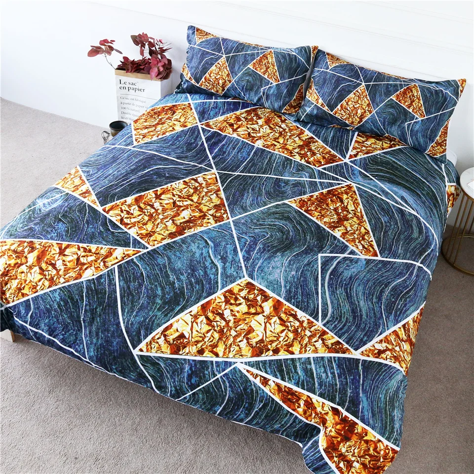 

HM Life Geometric Print Bedding Set Gold Foil Comforter Cover Blue Marble Texture Bed Cover and Pillowcase Luxury 3pcs Bed Set