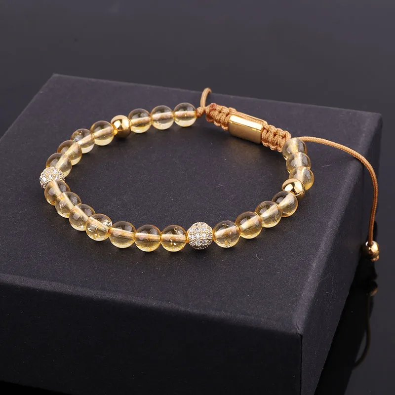 New Design Natural Stone Citrine Crystal Quartz Beads CZ Pave Charm Friendship Macrame Beads Bracelet Women - Image 2