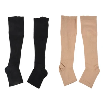 

2 Pair Men's Women's Open Toe Knee High Anti-Fatigue Zip Leg Compression Support Socks L Black & Beige