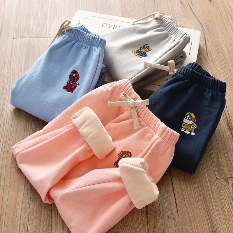 Autumn New Style Girls Ankle Banded Pants Autumn Boys' Clothes Long Pants Baby Autumn Clothing plus Velvet Casual Athletic