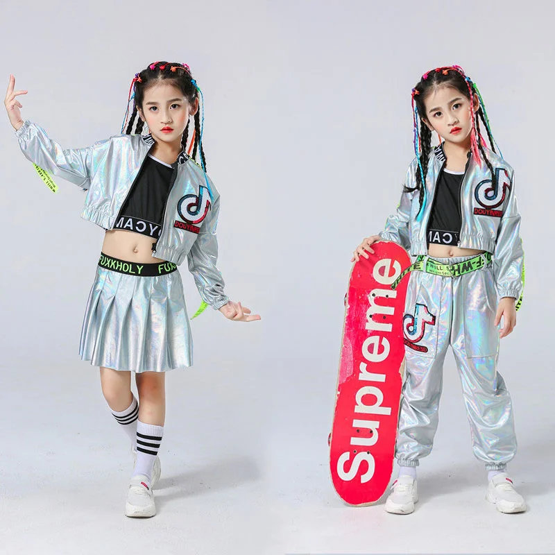 

Children Performance Clothes Boy Hip-hop Set Girl Silver Color Jazz Dance Costume Kid Catwalk Dance Costume Cool Rave Outfits