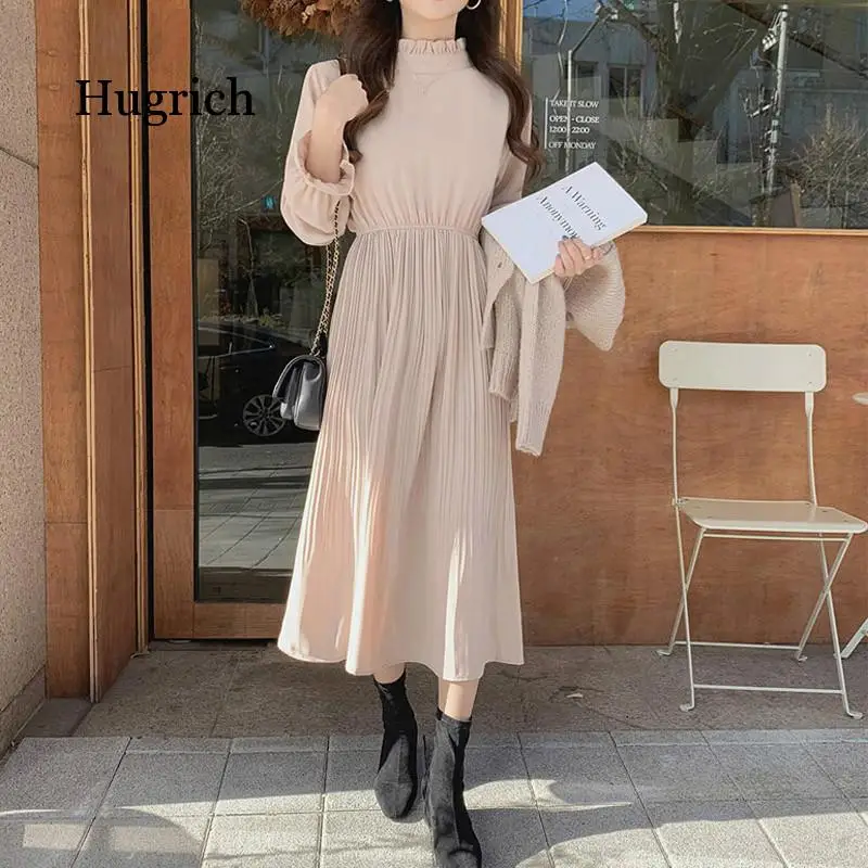 

Elegant Stand Collar Flare Sleeve Women A-Line Dress Chiffon Midi Dress Female Elastic Waist Pleated Vestidos 2020