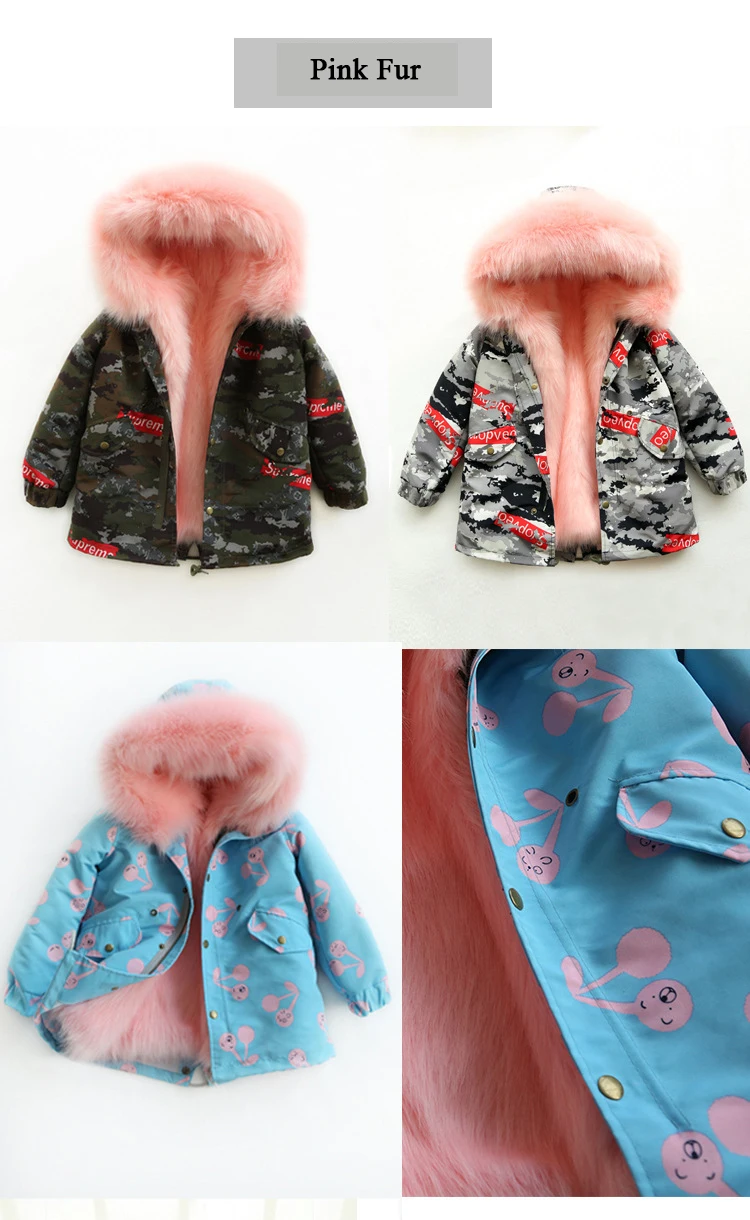 Пальто с мехом для девочек; куртка с искусственным лисьим мехом; зимняя детская одежда; камуфляжная верхняя одежда для мальчиков и девочек; детское меховое пальто; TZ155