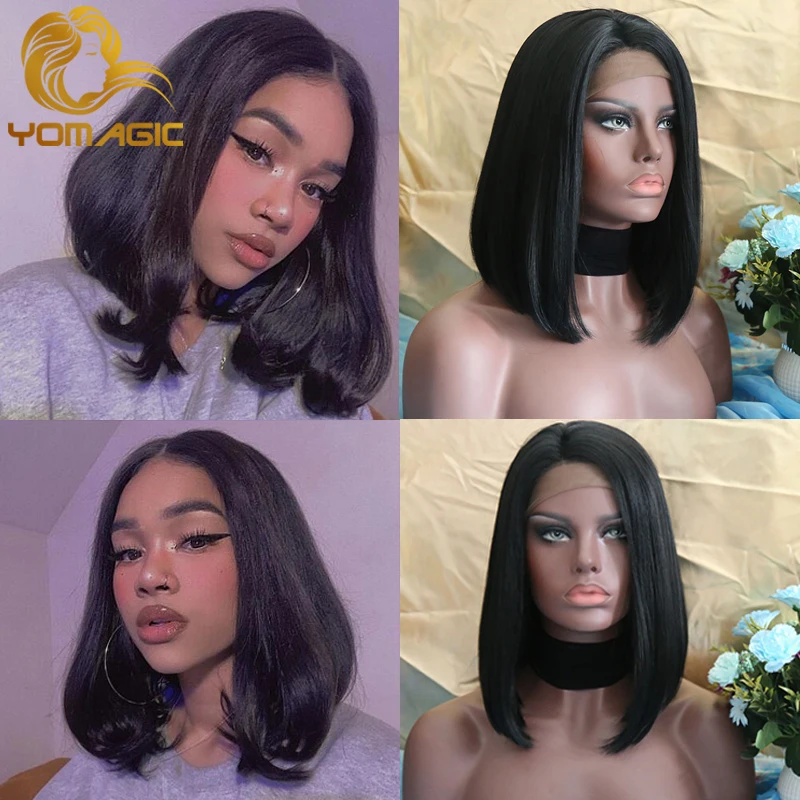 

Yomagic Hair Black Color Synthetic Hair 13*6 Lace Front Wigs with Baby Hair Straight Hair Short BoB Lace Wigs with Pre Plucked