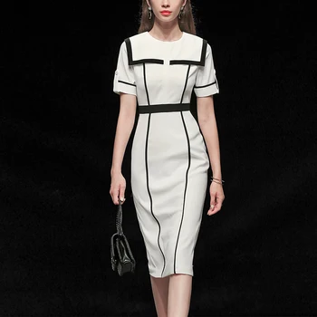 

Seifrmann Women Summer Fashion Runway Midi Dress Short Sleeve High Waist Striped Printed Elegant Ladies Office Pencil Dresses