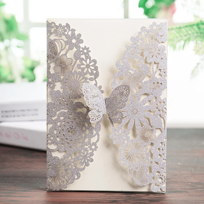 

WISHAMDE 100pcs Laser Cut Wedding Invitations Silver Glitter Cards with Butterfly Lace Flower Designs for Birthday Baby Shower