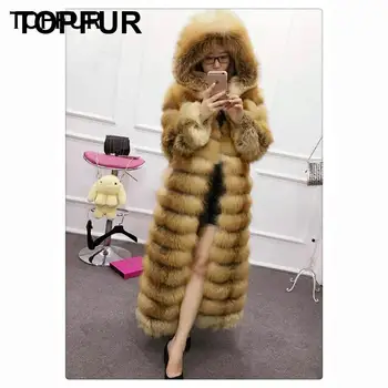 

TOPFUR Fox Fur Coat With Fur Hood Top Quality Silver/Gold Fox Fur Jacket Full Pelt Thick Warm X-Long Outwear Plus Size Luxurious