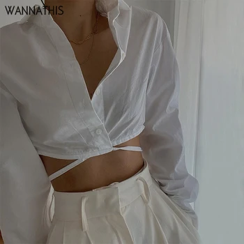 

WannaThis V-Neck Front Button Sexy Blouse Women Hollow Out Back Lace up White Solid Long Sleeve Summer New Cropped Shirt Casual