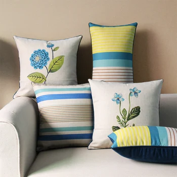 

DUNXDECO Cushion Cover Decorative Pillow Case Simple Country Style Blue Flora Stripe Print Housse de coussin Chair Cushion