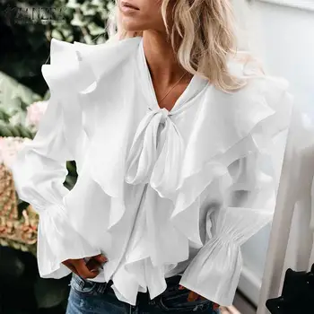 

Women Stylish Ruffles Blouse ZANZEA Casual Long Flare Sleeve Solid Shirt Elegant Lace Up Flounce Blusa Femininas Party Top Mujer