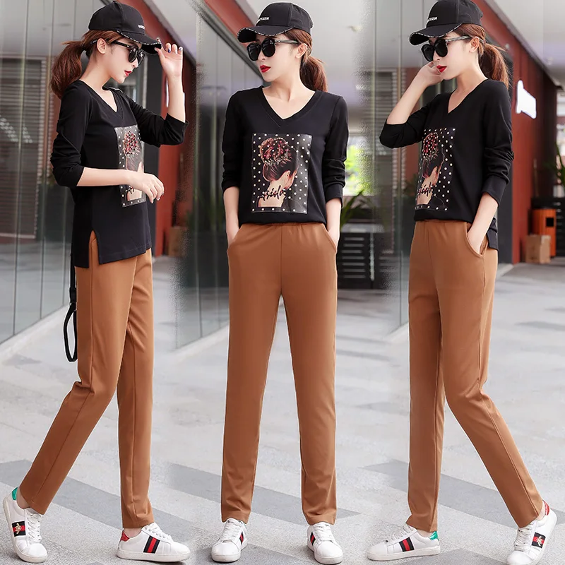 

Tracksuit for women large size 2019 autumn new female printed beaded long sleeve shirt and slim pencil pants two piece set m-5xl