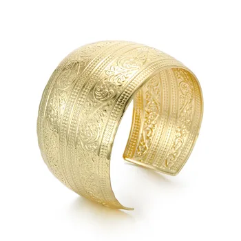

Dayoff European Punk Gold Color Big Wide Bracelet for Women Men Open Ajustable Carved Flower Cuff Bangle Jewelry B106