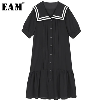 

[EAM] Women Striped Pleated Split Temperament Dress New Lapel Half Sleeve Loose Fit Fashion Tide Spring Summer 2020 1T551